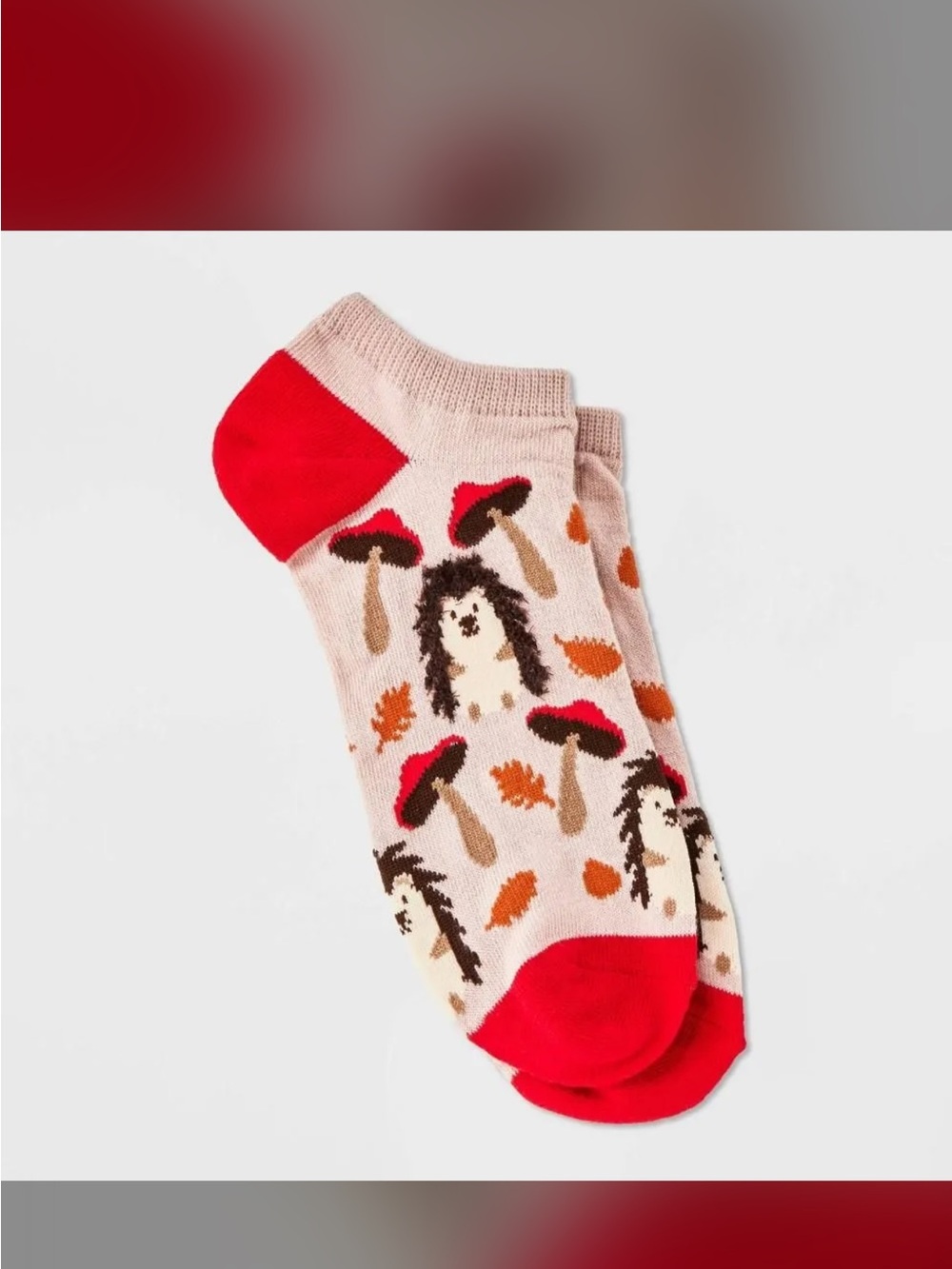 2 Women’s Beige Hedgehog & Mushroom Ankle Socks with Red Accents